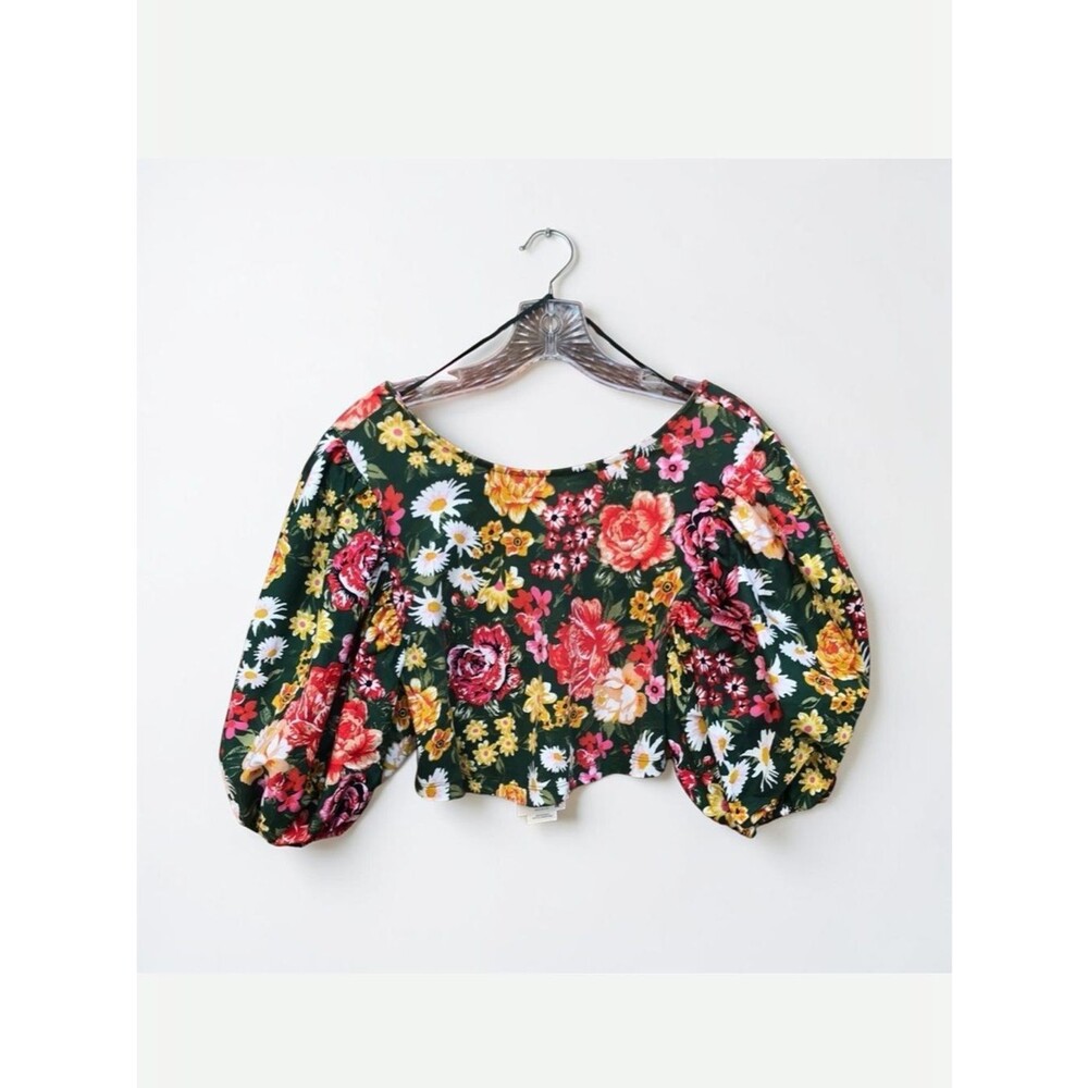 ZARA Floral Cotton Puffy Sleeve Cropped Top Size Medium NWT